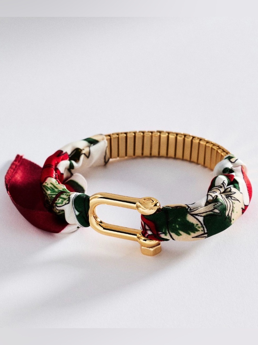 Anthropologie Printed Fabric Bracelet Wine Motif Gold Plated Stretch One Size - Picture 9 of 9